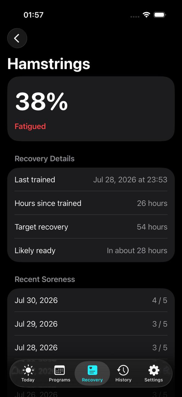 Setwise muscle recovery detail screen