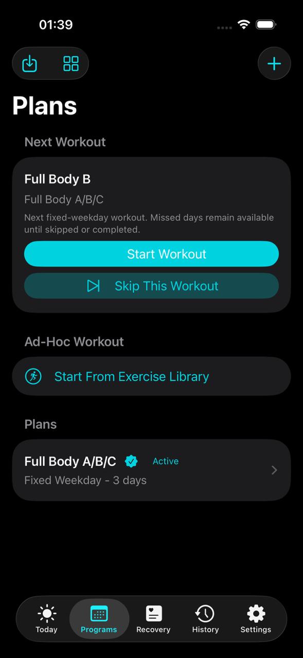 Setwise Programs screen showing the next workout