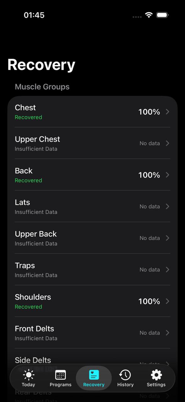 Setwise recovery screen showing muscle readiness