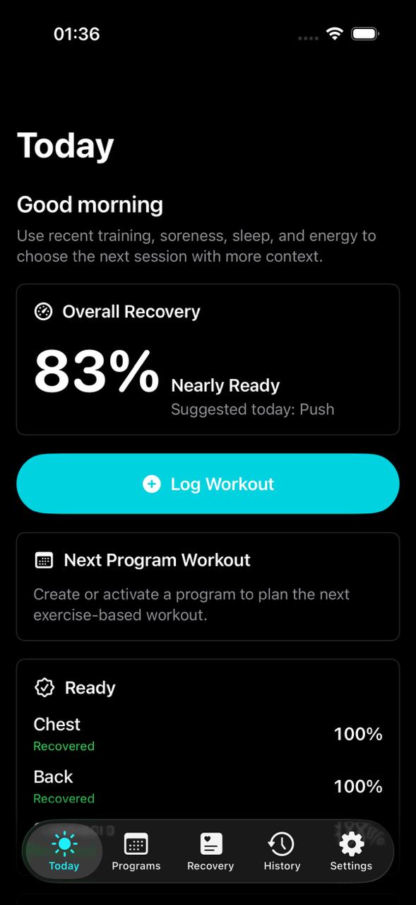Setwise Today screen showing overall recovery