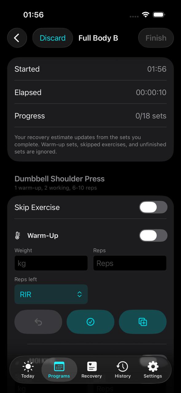 Setwise workout execution screen