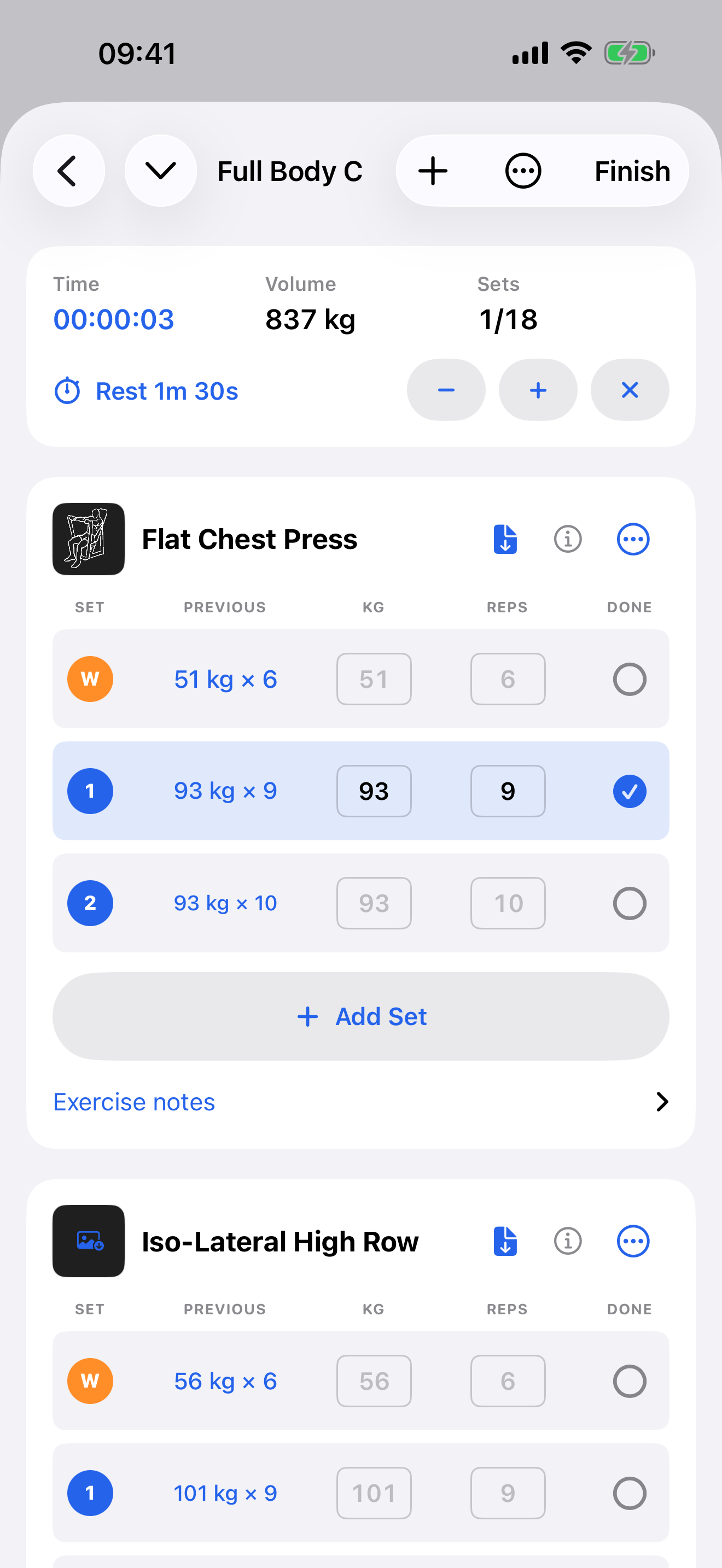 Active SetWise workout with warm-up and working set rows