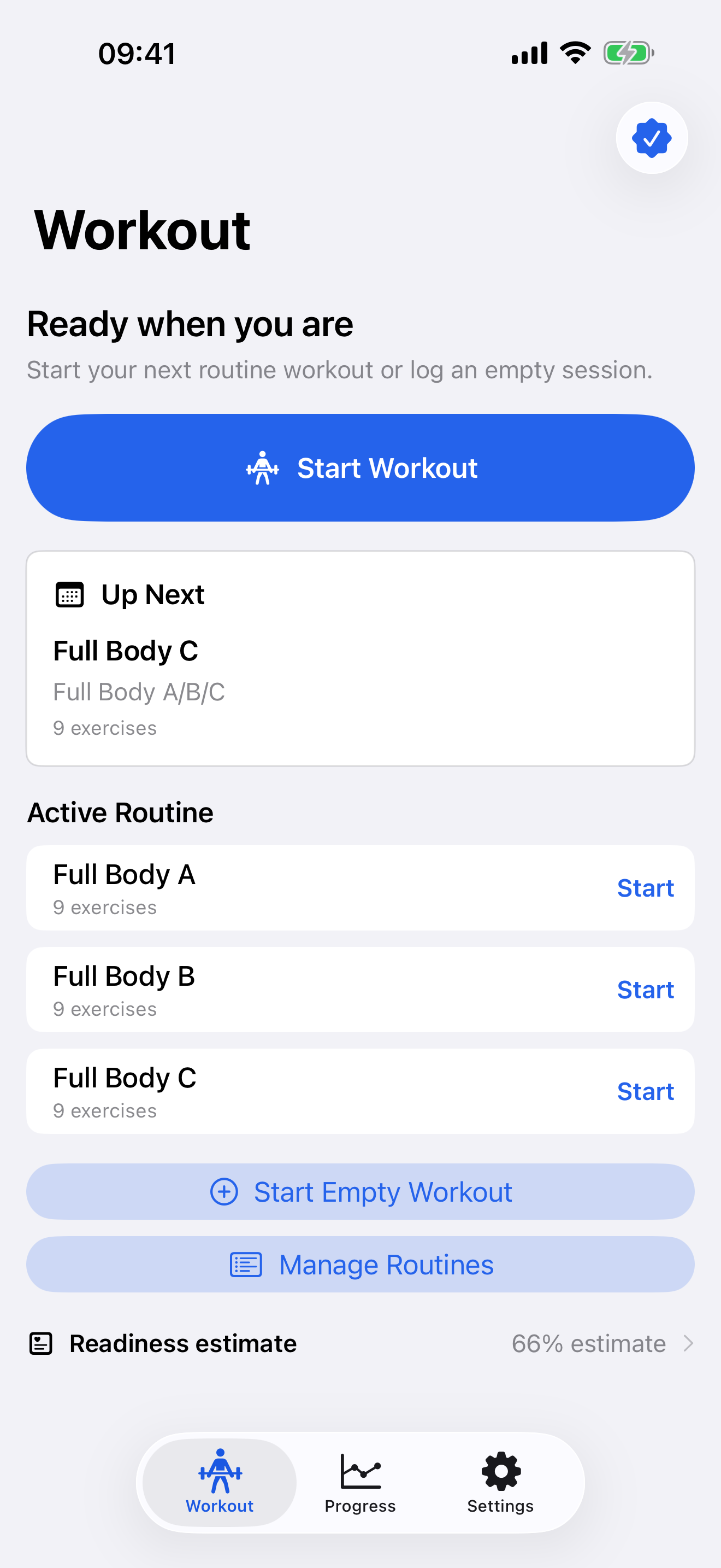 SetWise workout home with the next intended workout